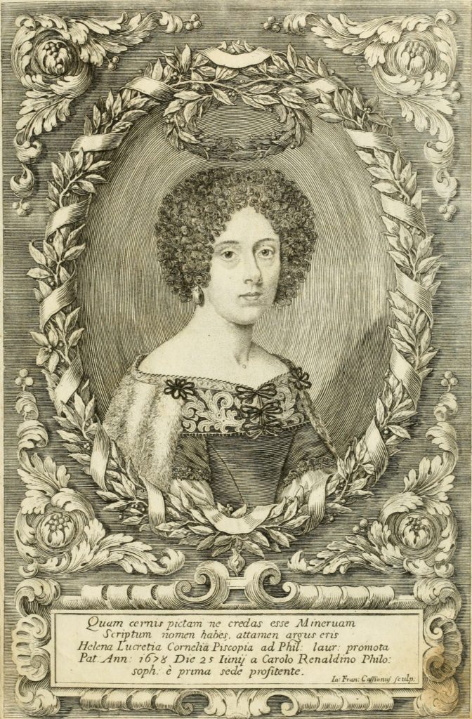 Engraving of Elena Piscopia, the first woman to receive a doctorate