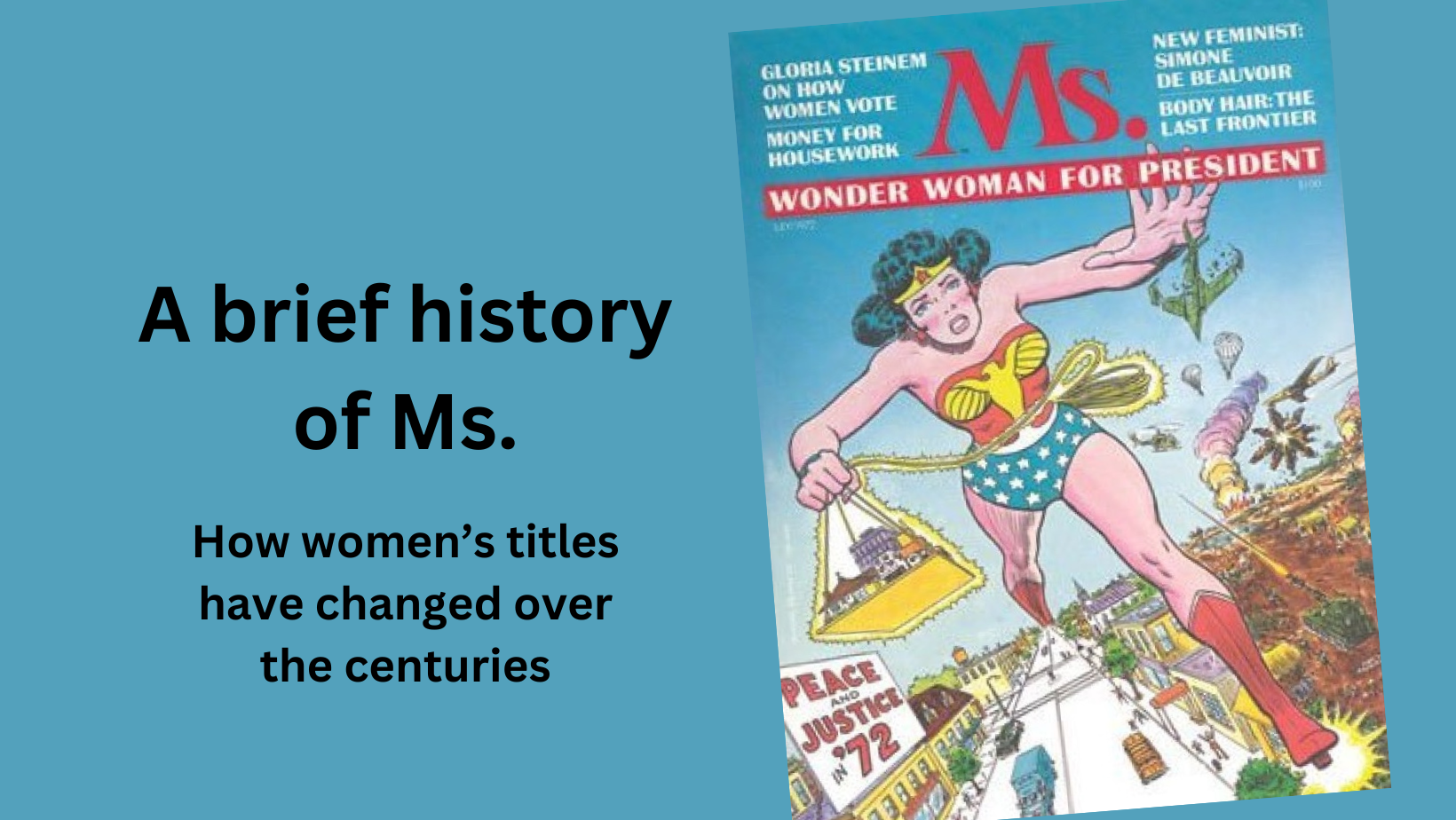 The front cover of Ms Magazine from 1972. It shows a giatn Wonder Woman walking down an American street. The text reads 'A brief history of Ms - how women's titles have changed over the centuries.