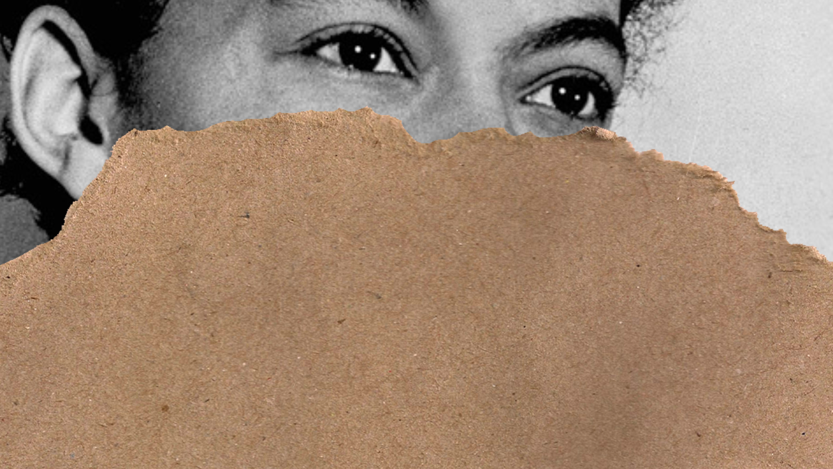 Torn away brown paper reveals the eyes of Pauli Murray. She is a Black woman who was a civil rights lawyer and eventually a priest.